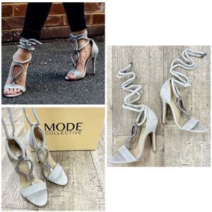 The Mode Collective “Mink Sandal” Strappy Lace Up Heels in Oyster